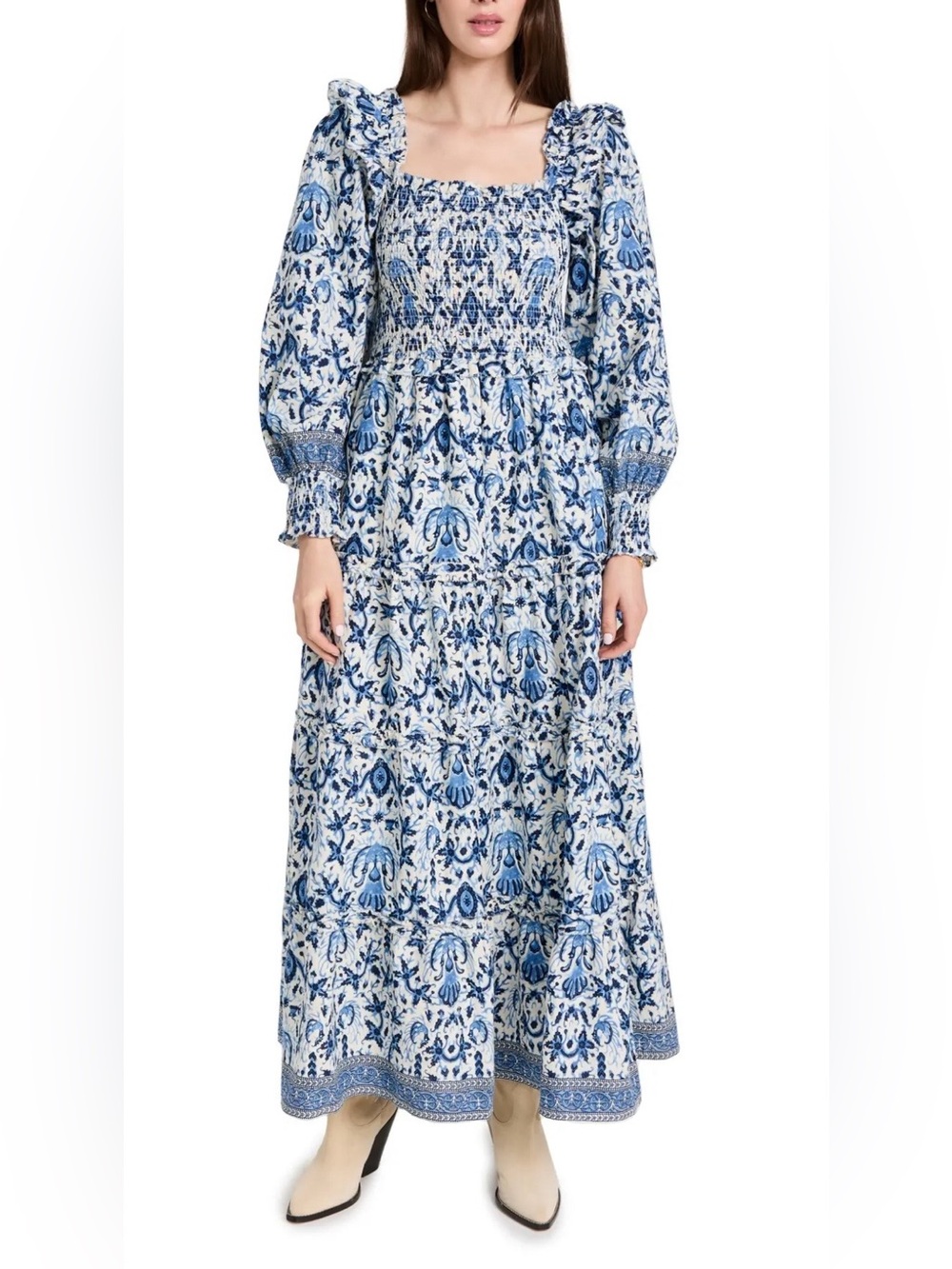 Love the Label Blue Floral Smocked Midi Dress Puff Sleeve Size M